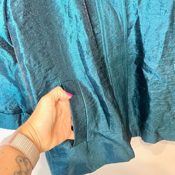 Chico's Lustrous Shine Sindy Blazer Jacket Womens M Teal Blue Button Up Collared - Picture 2 of 9